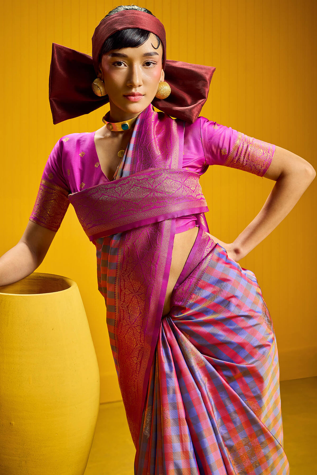 Dull Lavender Two tone Checks Banarasi Silk Saree