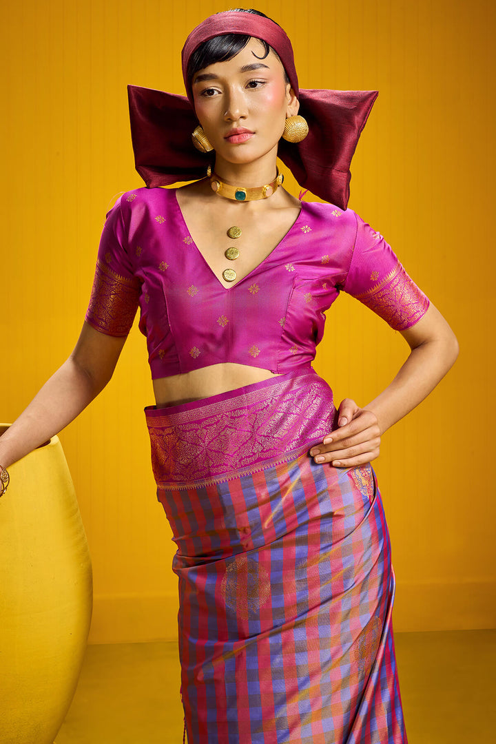 Dull Lavender Two tone Checks Banarasi Silk Saree