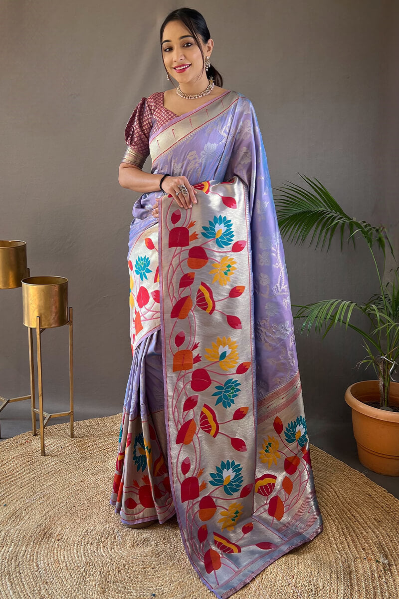 Dull Lavender Zari Woven Paithani Silk Saree