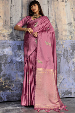 Dull Pink Zari woven Banarasi Satin Silk Saree