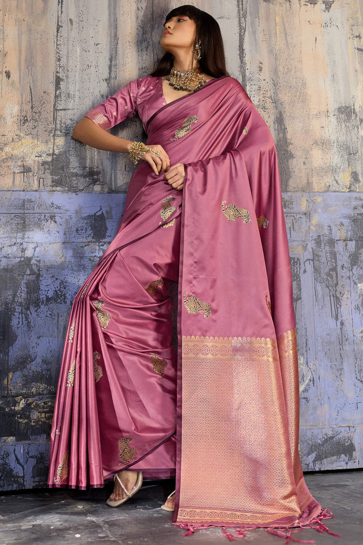 Dull Pink Zari woven Banarasi Satin Silk Saree
