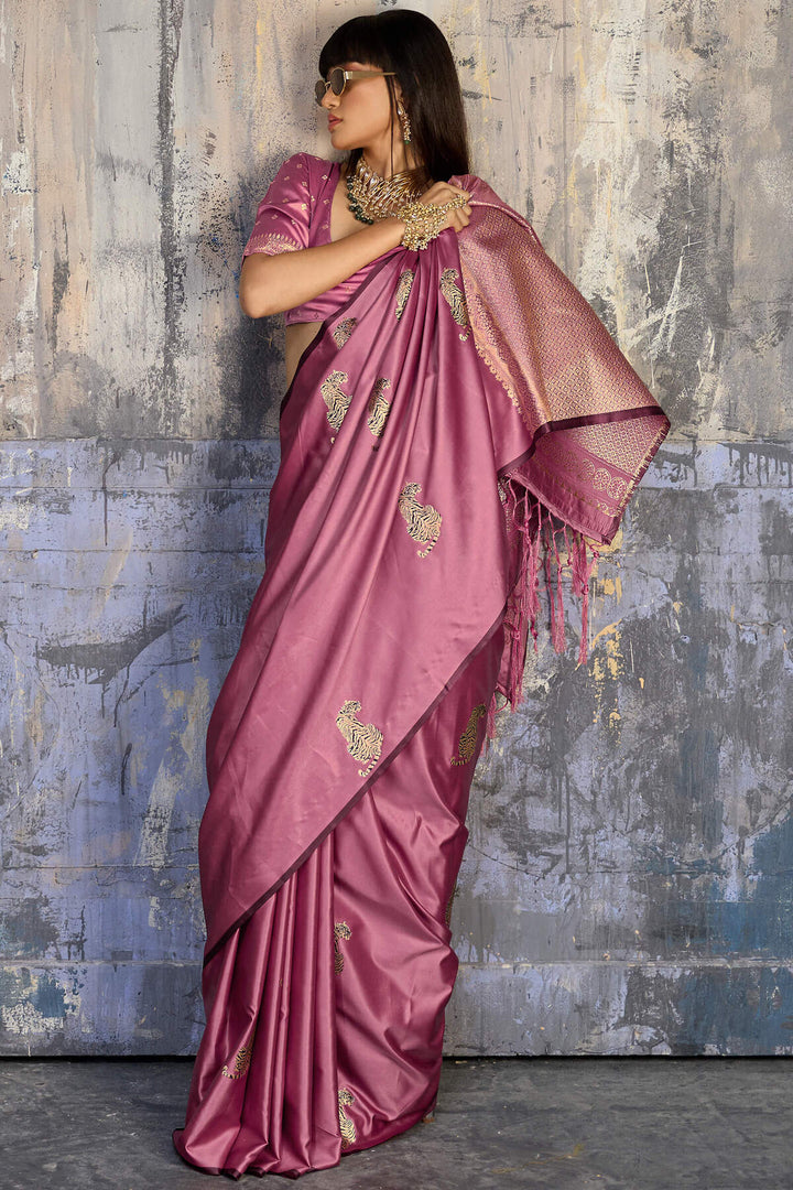 Dull Pink Zari woven Banarasi Satin Silk Saree