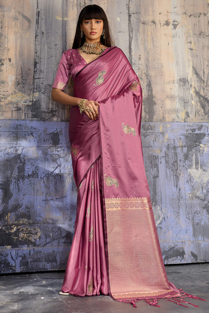 Dull Pink Zari woven Banarasi Satin Silk Saree