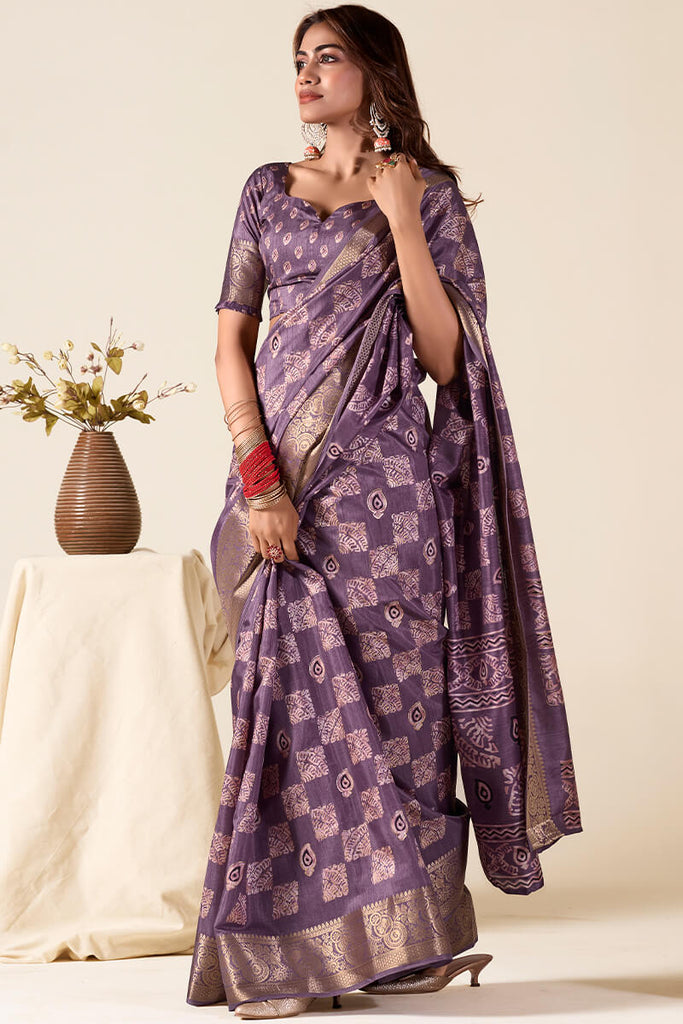 Dull Purple Foil Printed Dola Silk Saree