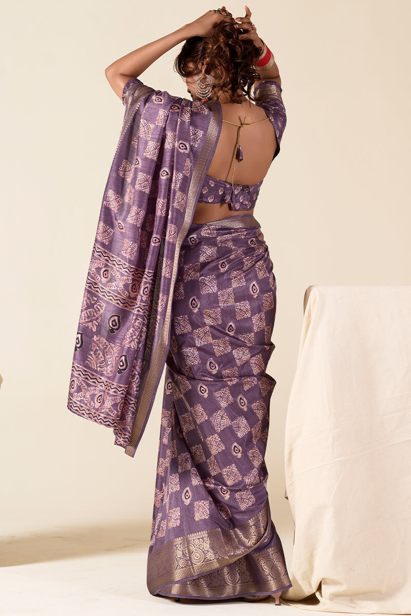 Dull Purple Foil Printed Dola Silk Saree