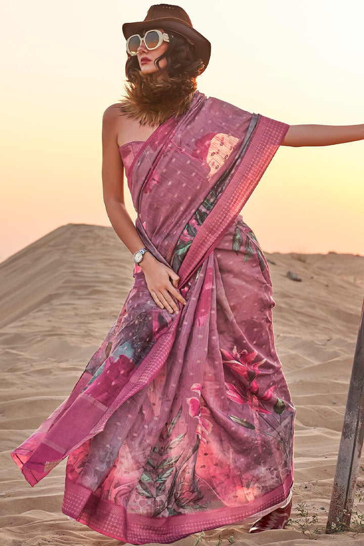 Dull Purple Printed Linen silk saree