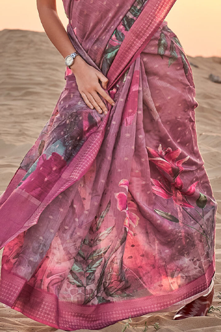 Dull Purple Printed Linen silk saree