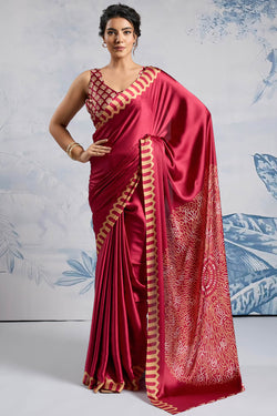 Dull Red Ajrakh Printed Satin Crepe Silk Saree