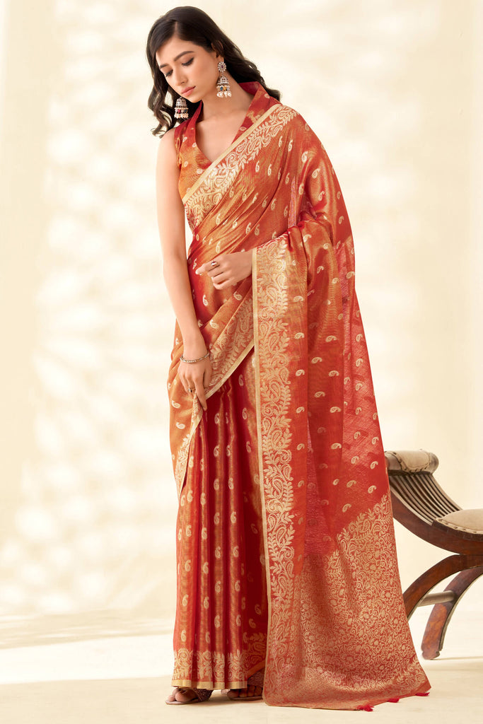 Dull Red Tissue Linen Silk Saree