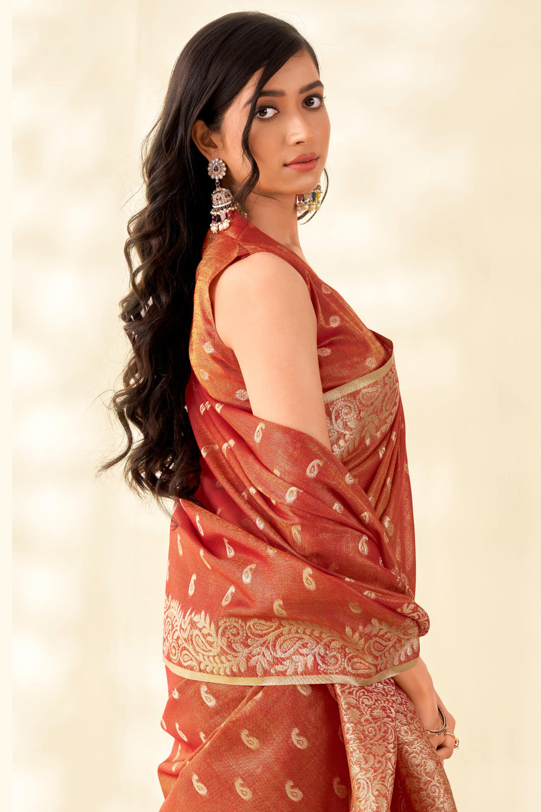 Dull Red Tissue Linen Silk Saree