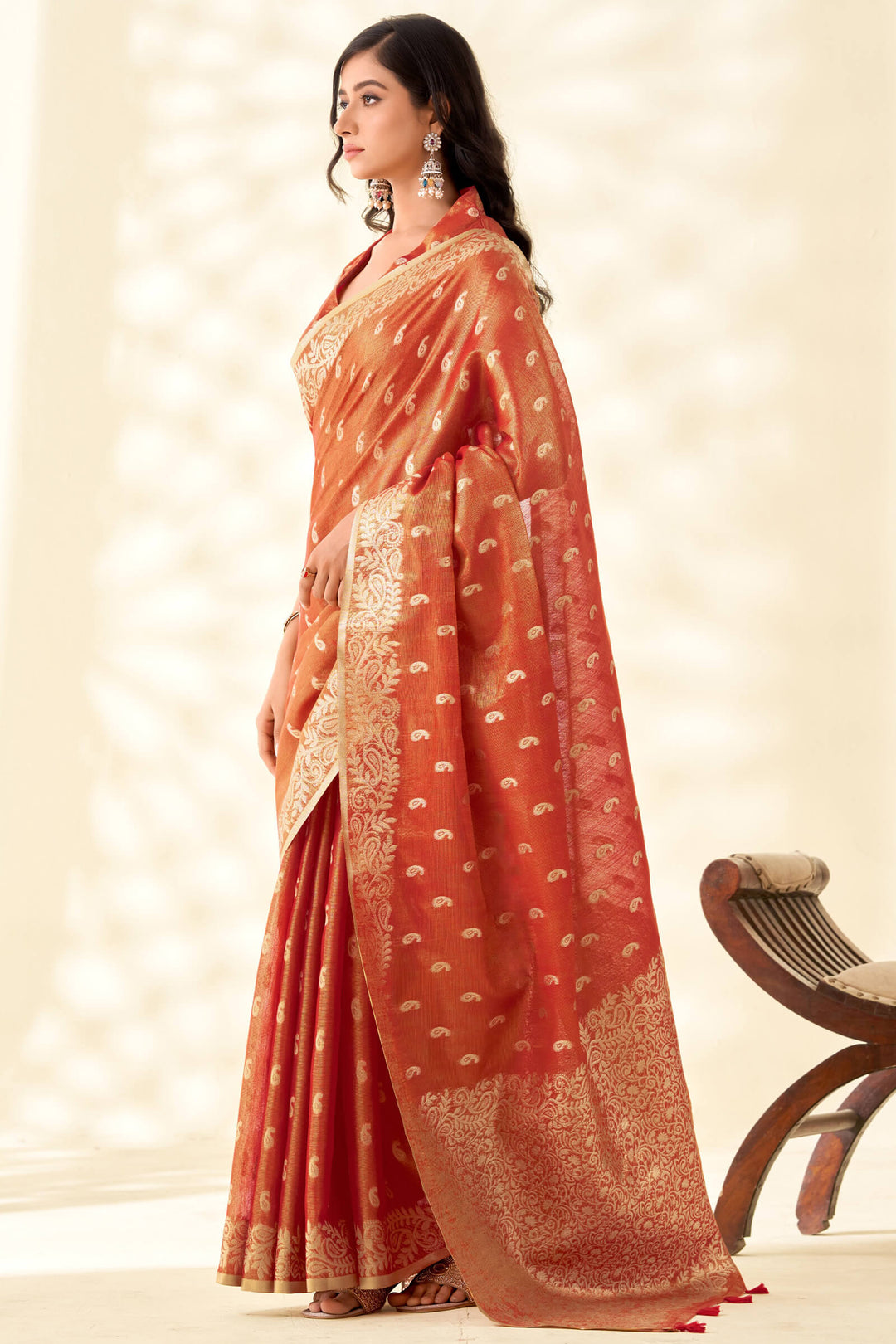 Dull Red Tissue Linen Silk Saree