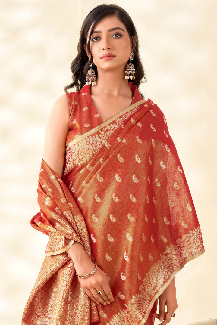 Dull Red Tissue Linen Silk Saree