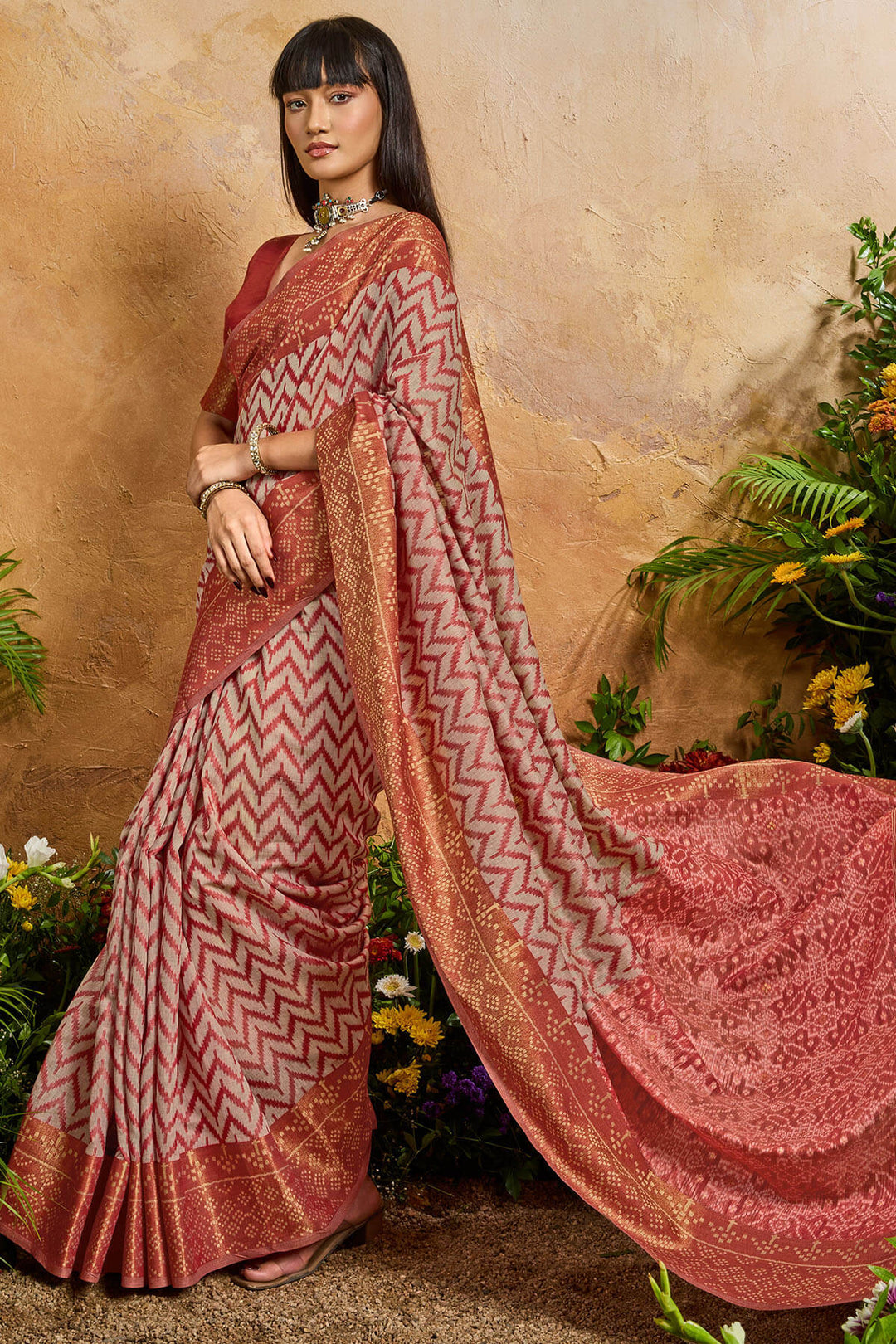 Dull Red Viscose Cotton Patola Silk Saree