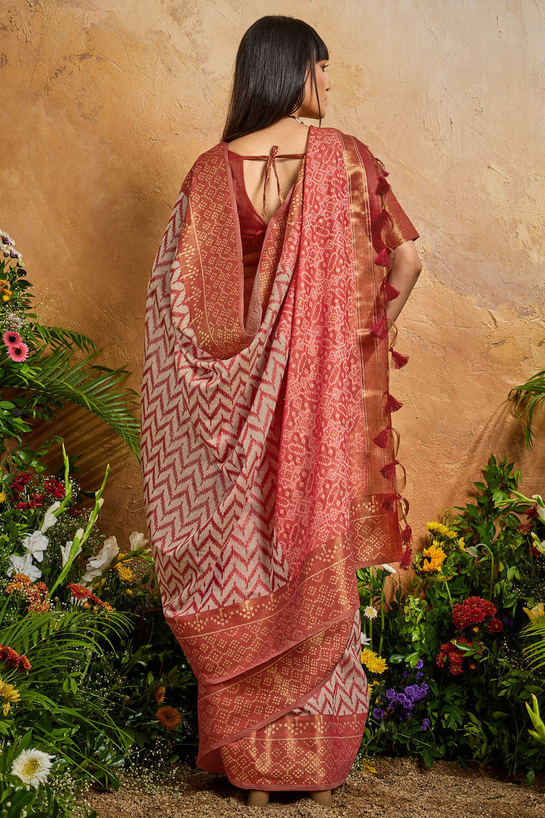 Dull Red Viscose Cotton Patola Silk Saree