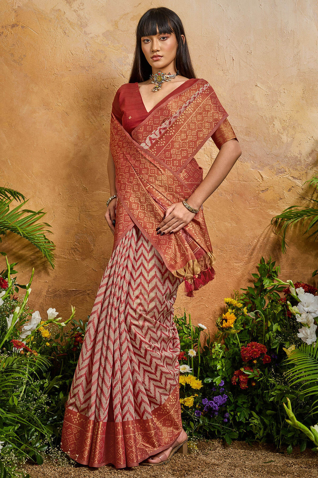 Dull Red Viscose Cotton Patola Silk Saree