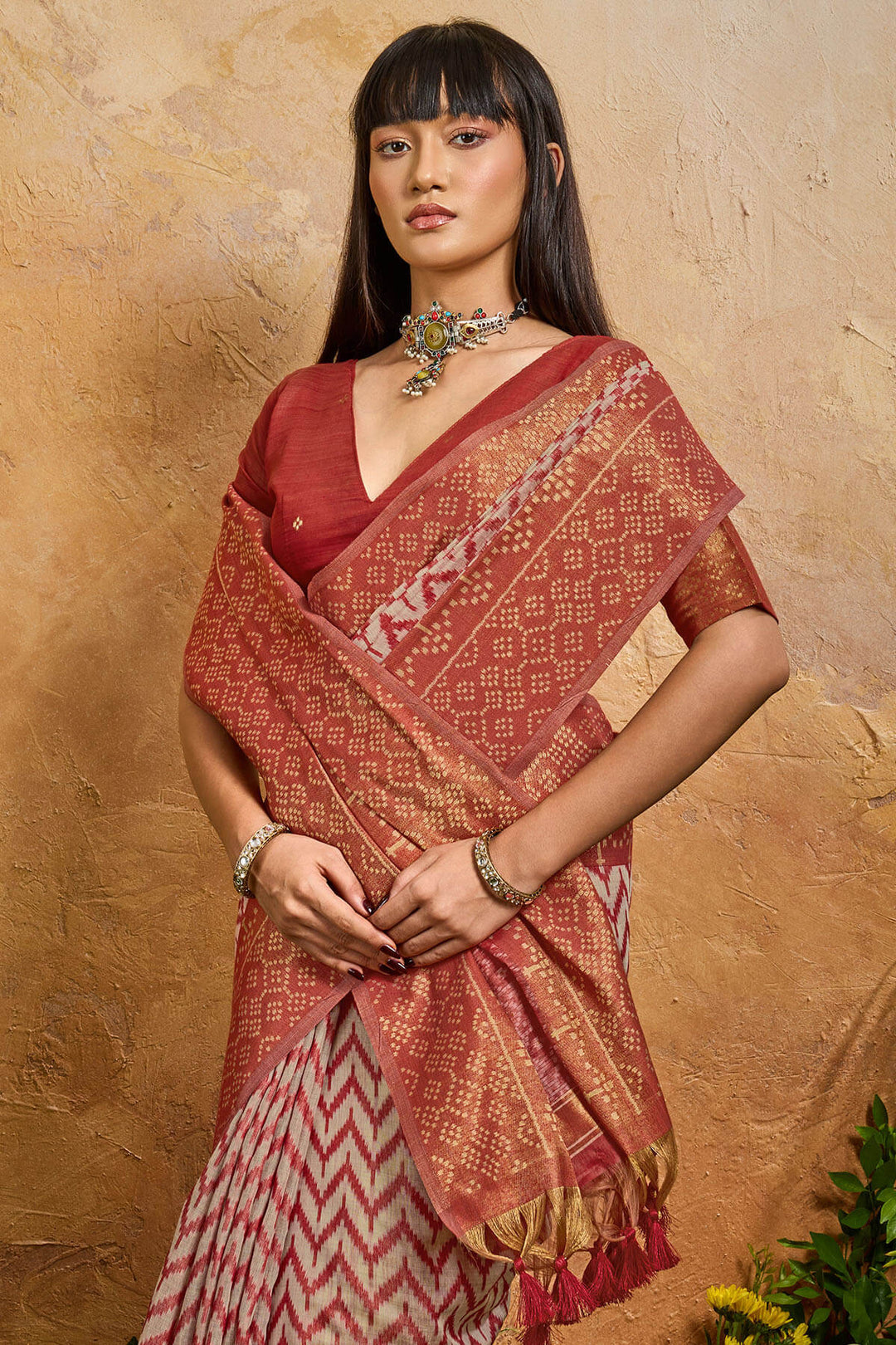 Dull Red Viscose Cotton Patola Silk Saree