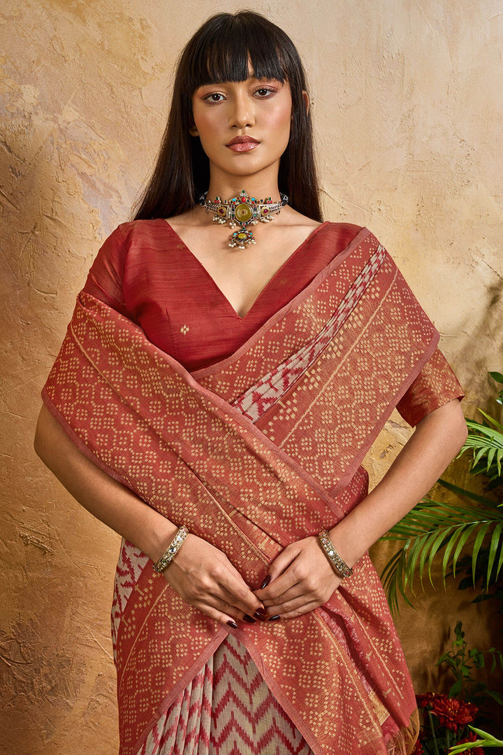 Dull Red Viscose Cotton Patola Silk Saree