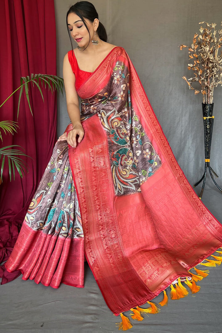 Dull Wine Kalamkari Printed Soft Silk Saree