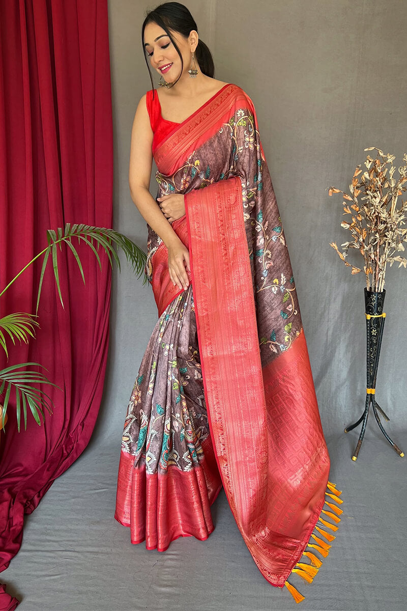 Dull Wine Kalamkari Printed Soft Silk Saree