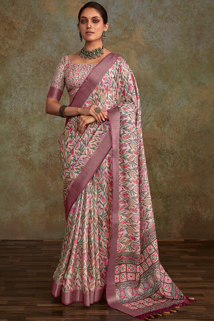 Dull Wine Printed with Sequence Soft Silk Saree