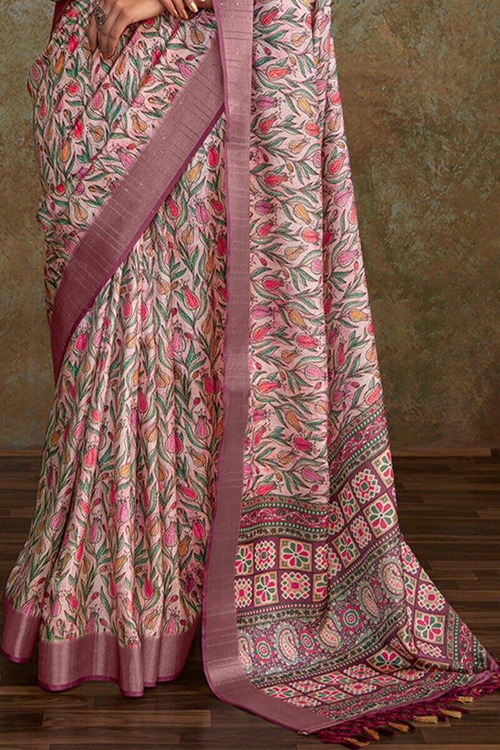 Dull Wine Printed with Sequence Soft Silk Saree