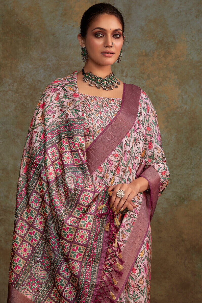 Dull Wine Printed with Sequence Soft Silk Saree