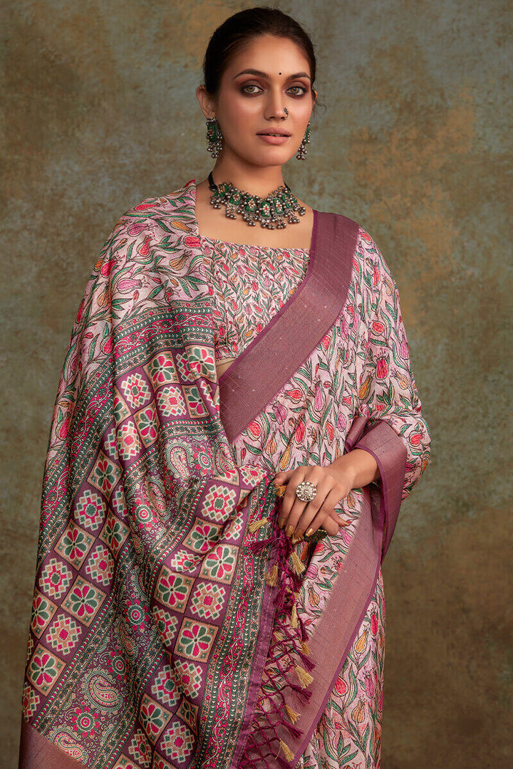 Dull Wine Printed with Sequence Soft Silk Saree