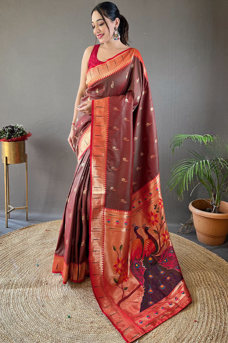 Dull Wine Zari Woven Paithani Silk Saree