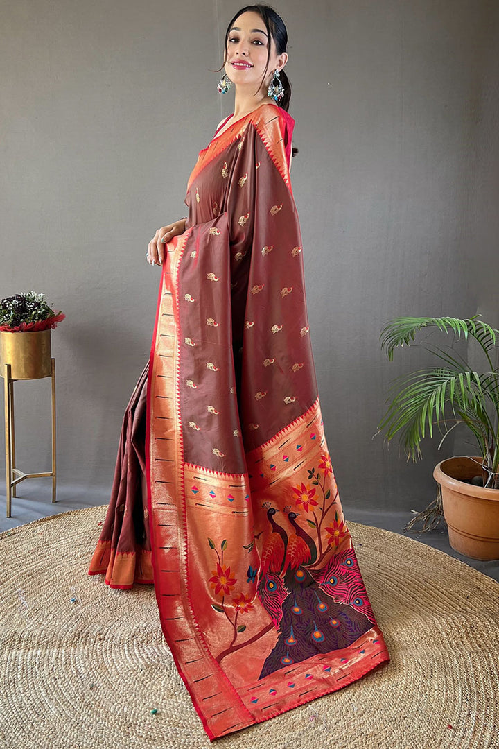 Dull Wine Zari Woven Paithani Silk Saree