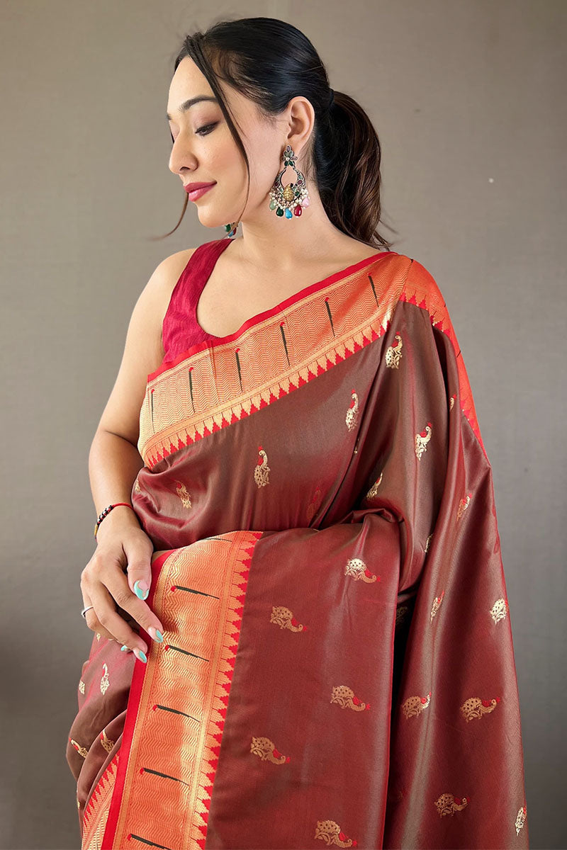 Dull Wine Zari Woven Paithani Silk Saree