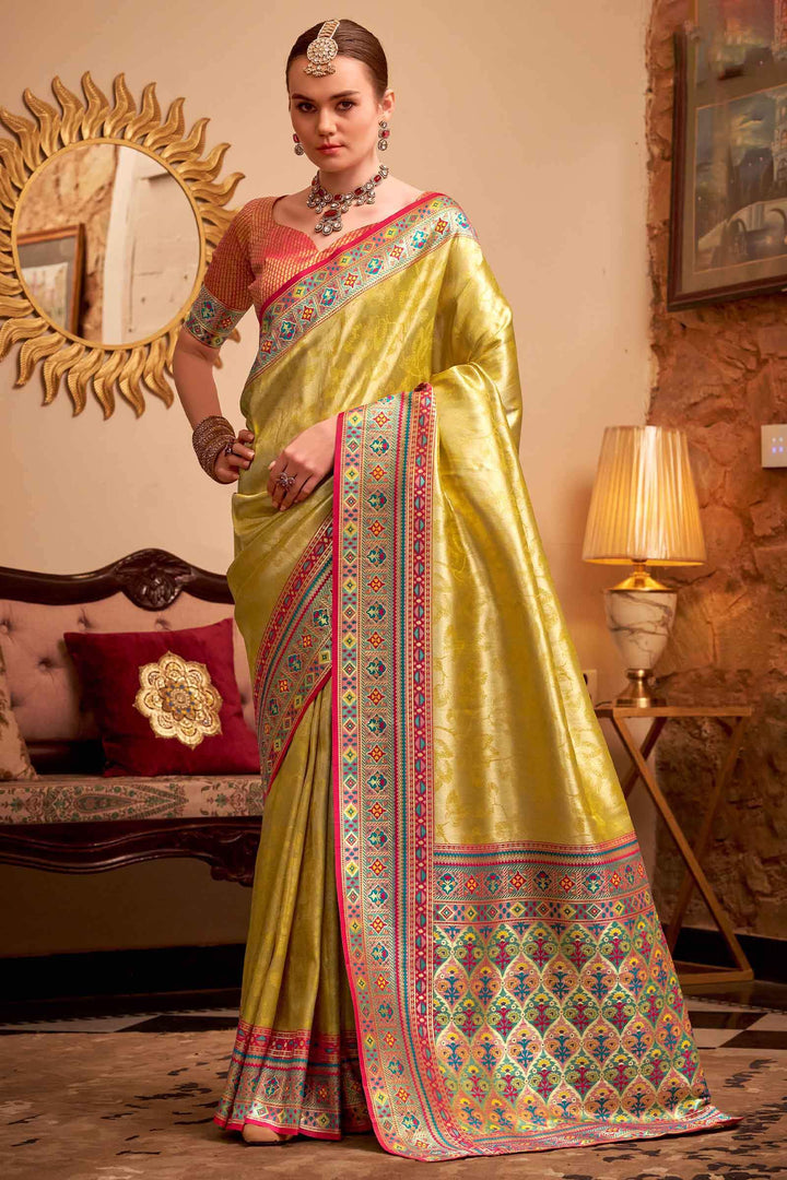 Dull Yellow Banarasi Tissue Silk Saree
