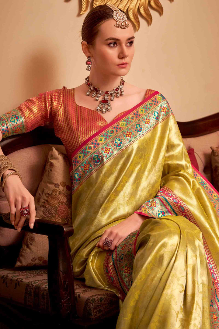 Dull Yellow Banarasi Tissue Silk Saree