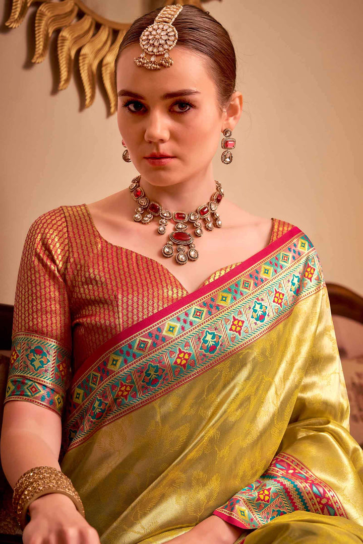 Dull Yellow Banarasi Tissue Silk Saree
