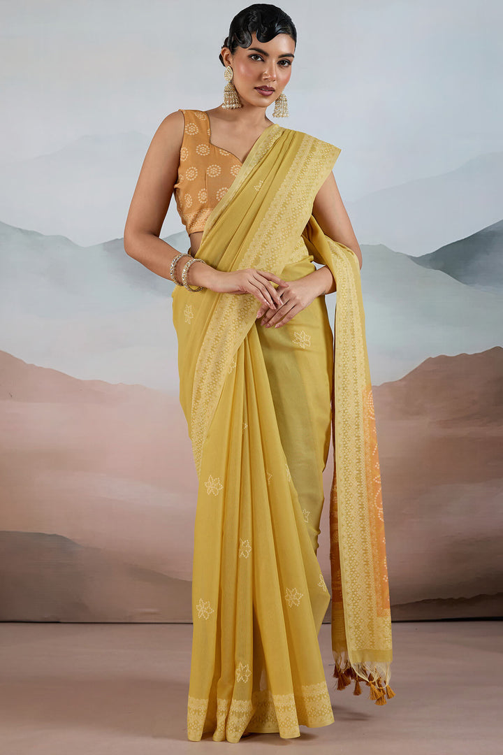 Dull Yellow Pure Cotton Viscose Silk Saree