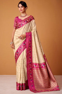 Dune Beige Banarasi Soft Satin Silk Saree