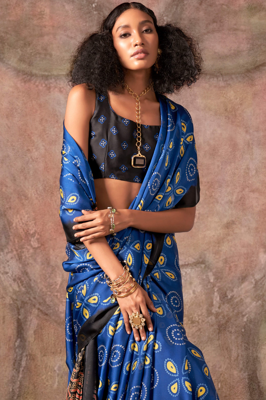 Dusk Blue Ajarkh Printed Satin Georgette Silk Saree