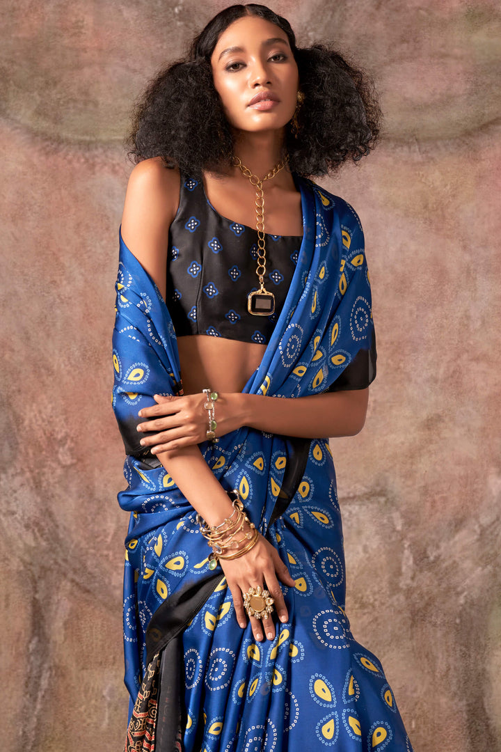 Dusk Blue Ajarkh Printed Satin Georgette Silk Saree