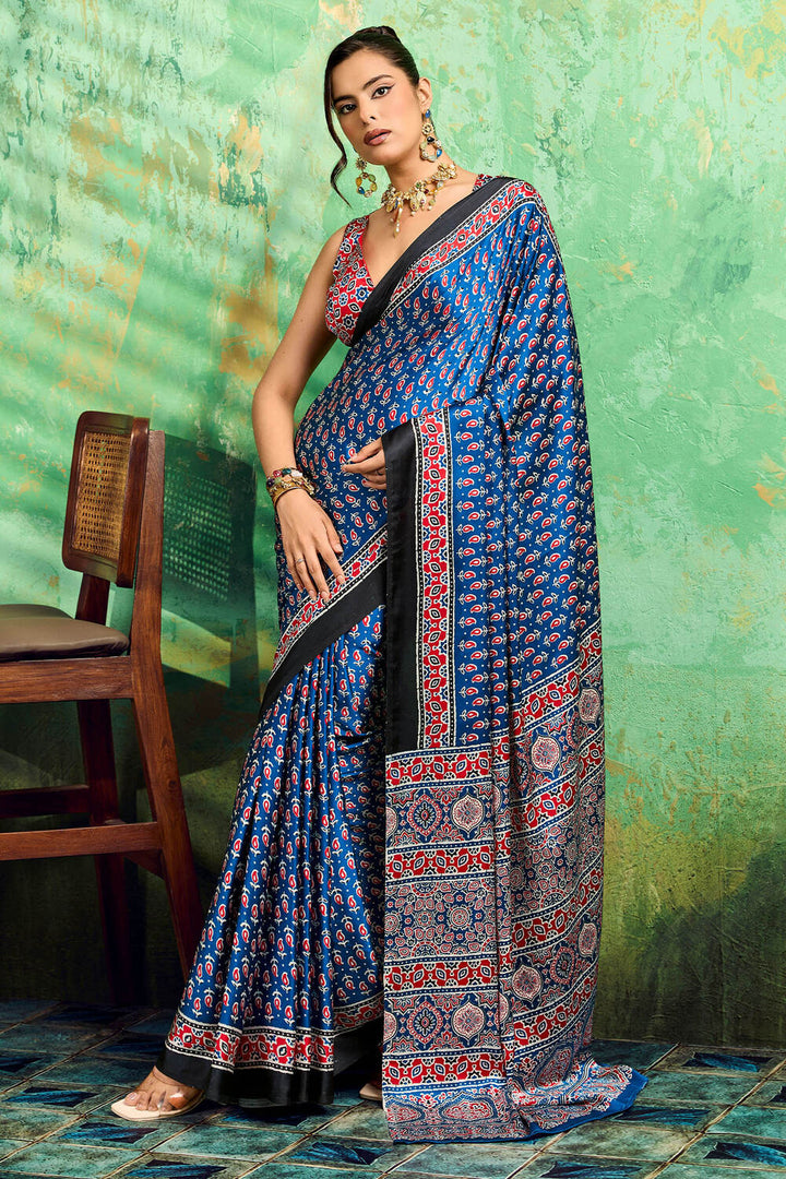 Dusk Blue Ajrakh Printed Satin Silk Saree