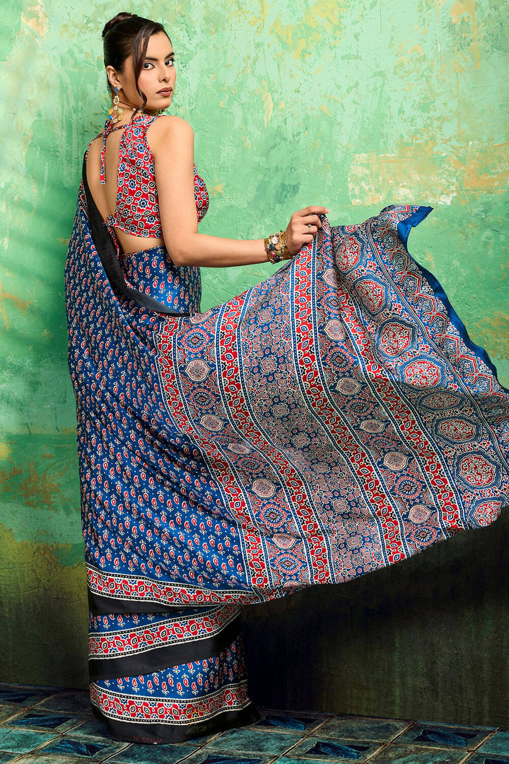 Dusk Blue Ajrakh Printed Satin Silk Saree