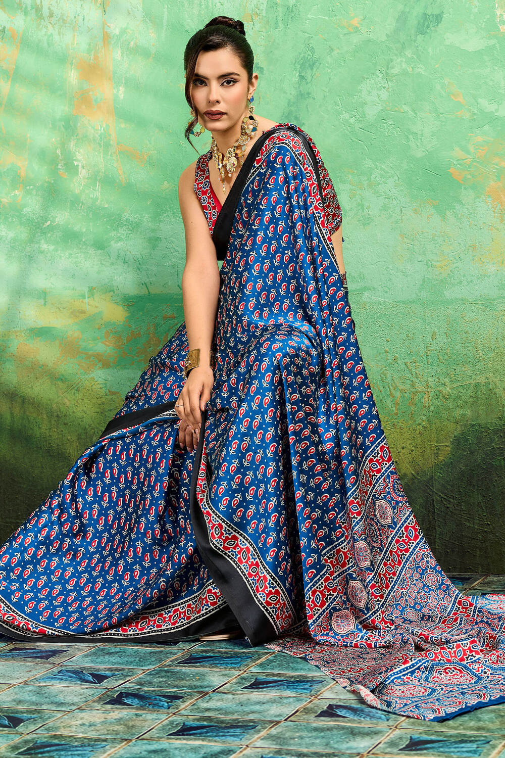 Dusk Blue Ajrakh Printed Satin Silk Saree