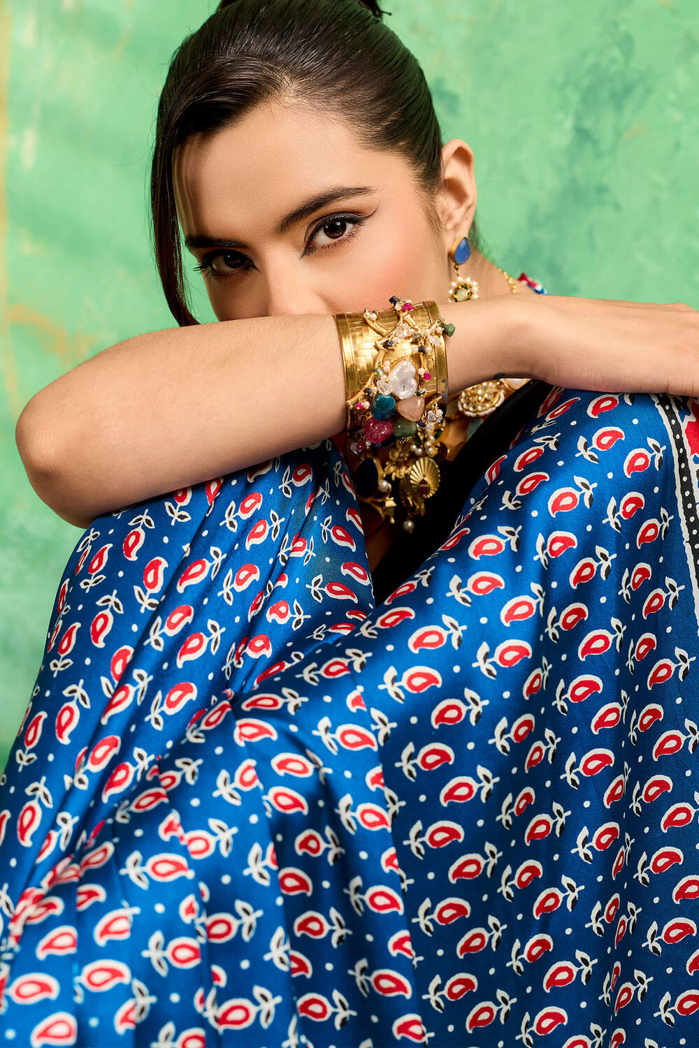 Dusk Blue Ajrakh Printed Satin Silk Saree