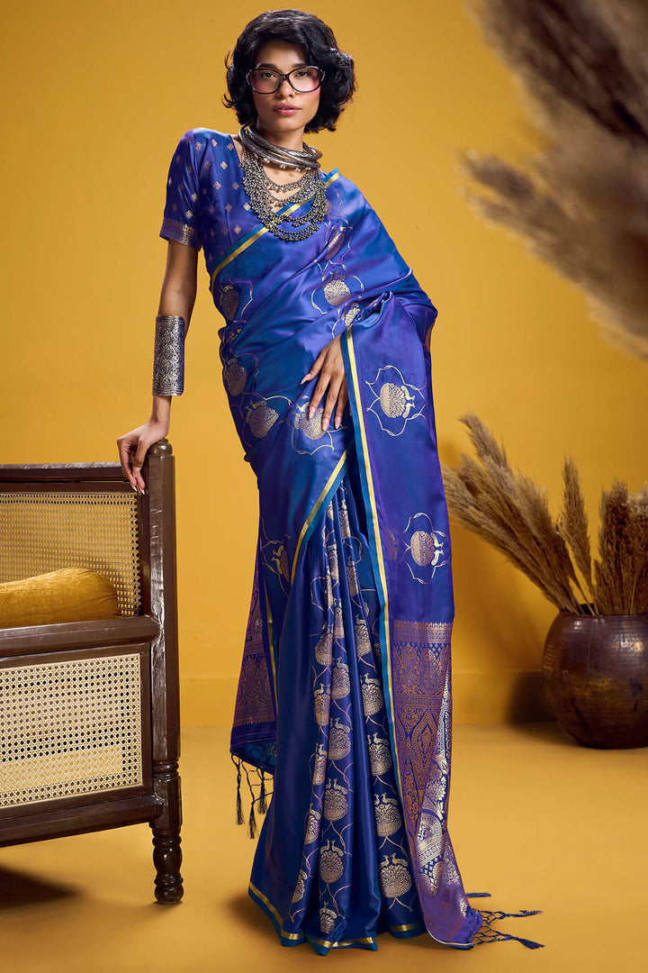 Dusk Blue Zari Woven Banarasi Satin Silk Saree
