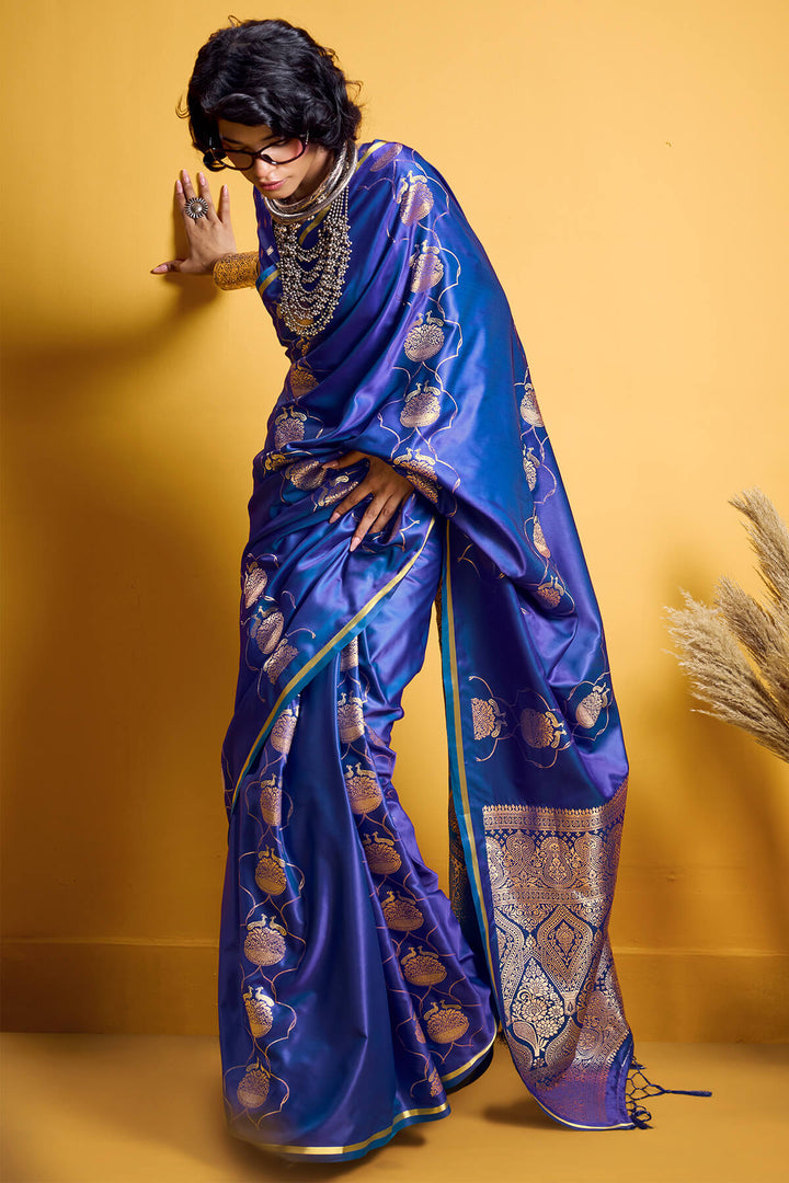 Dusk Blue Zari Woven Banarasi Satin Silk Saree