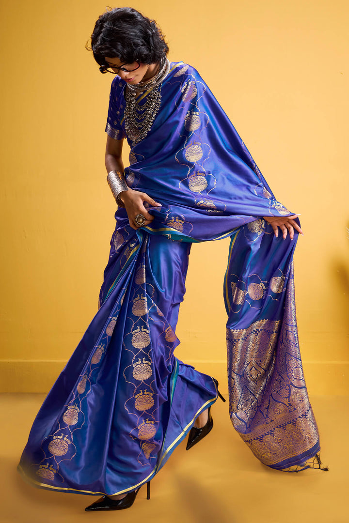 Dusk Blue Zari Woven Banarasi Satin Silk Saree