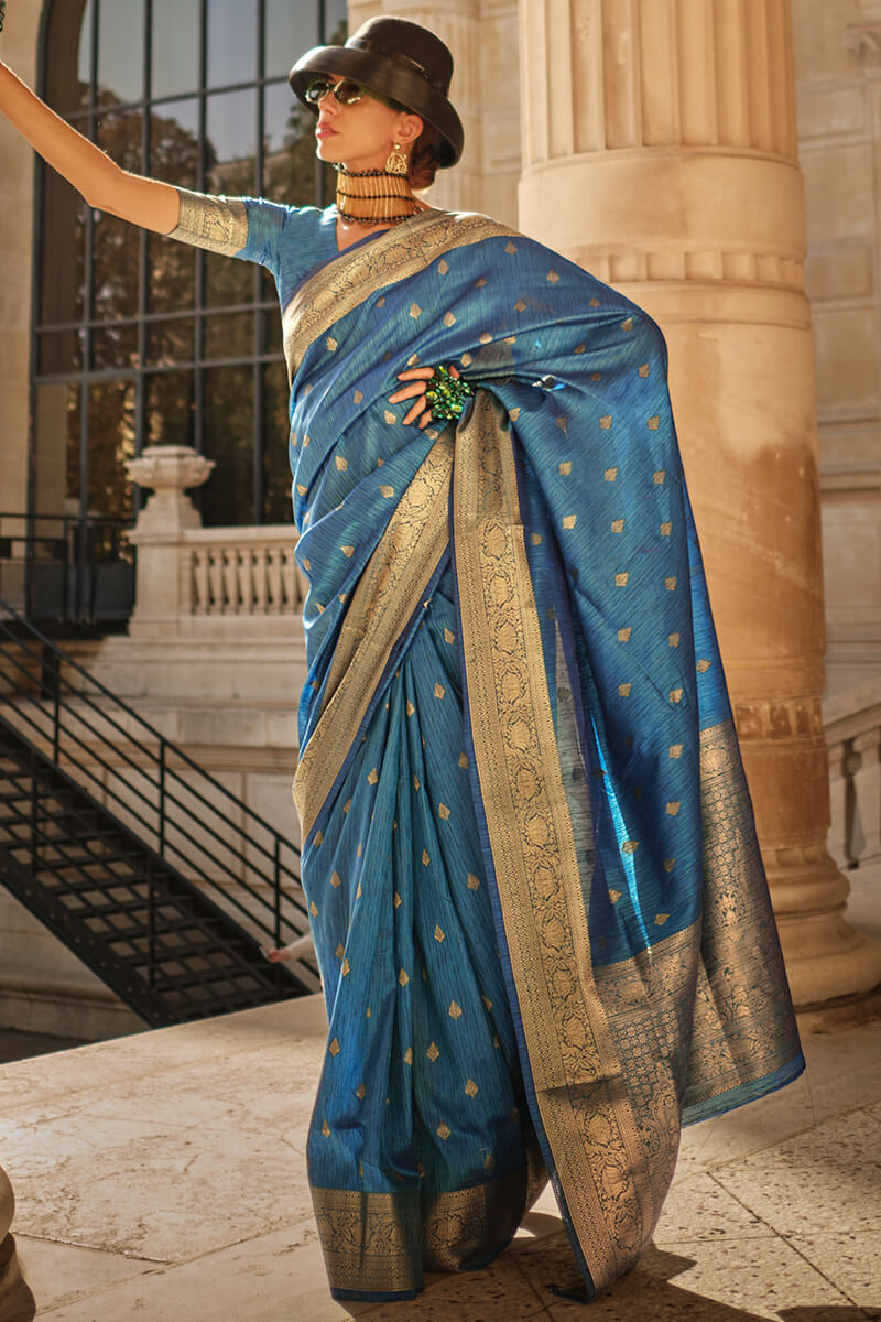 Dusk Blue Zari Woven Banarasi Silk Saree