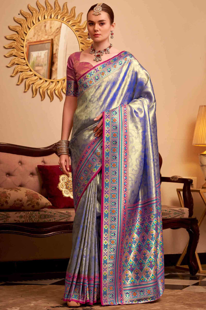 Dusky Blue Banarasi Tissue Silk Saree