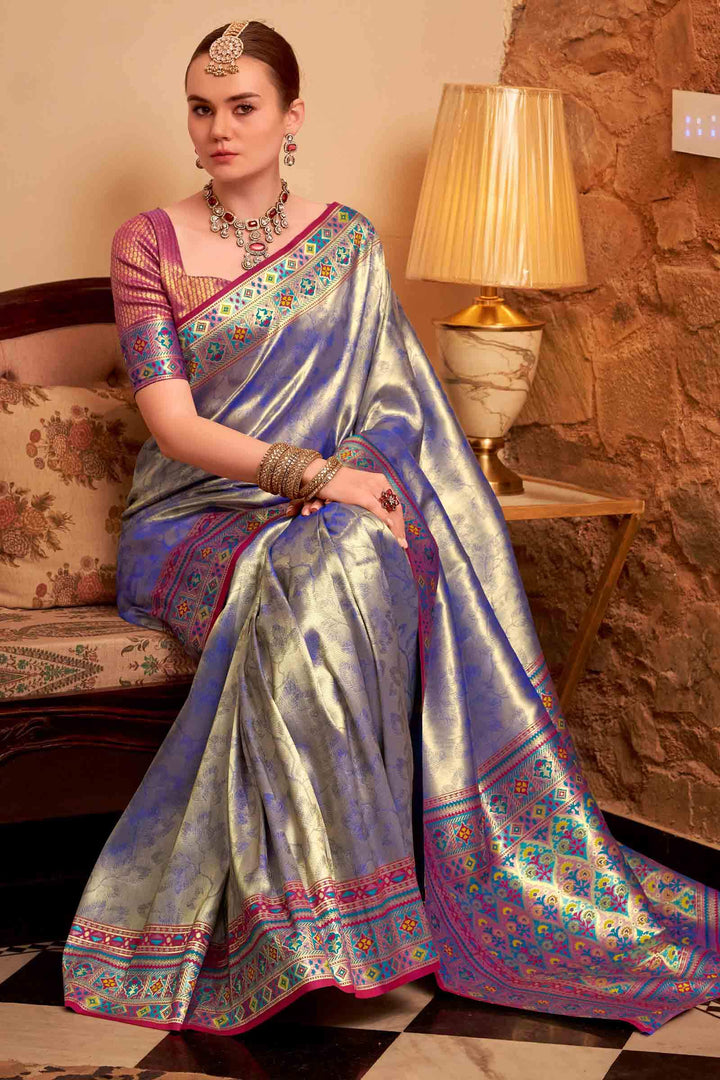 Dusky Blue Banarasi Tissue Silk Saree