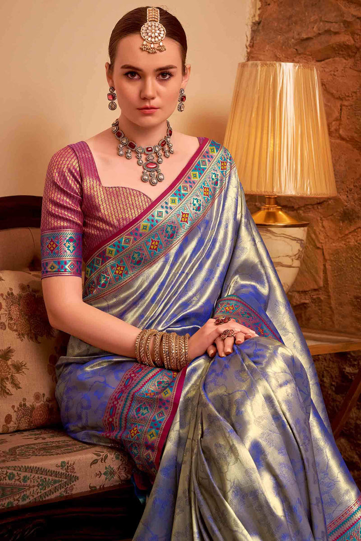 Dusky Blue Banarasi Tissue Silk Saree