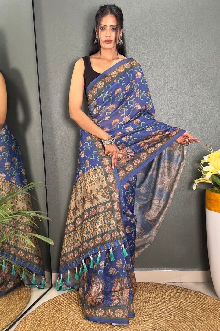 Dusky Blue Printed Chanderi Silk Saree