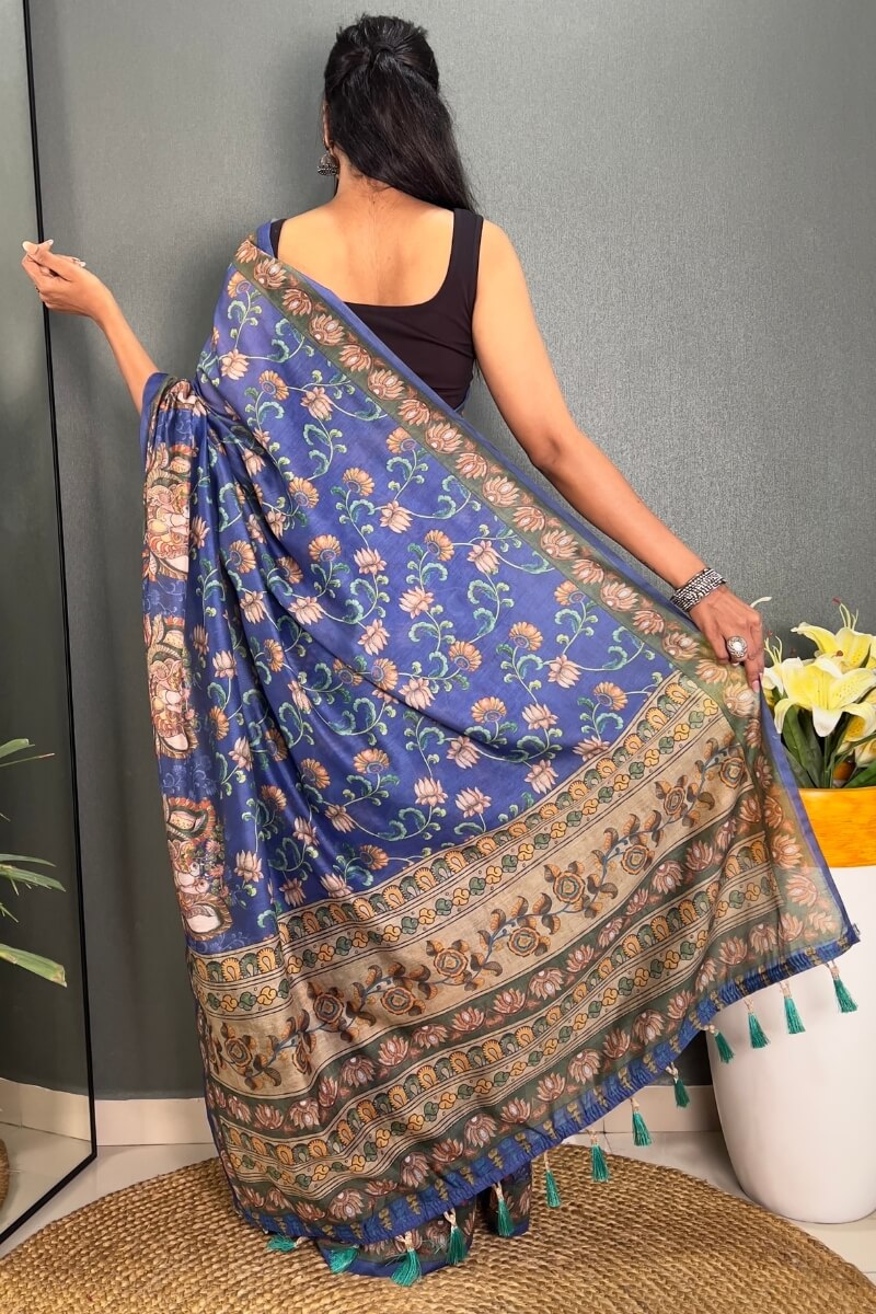 Dusky Blue Printed Chanderi Silk Saree